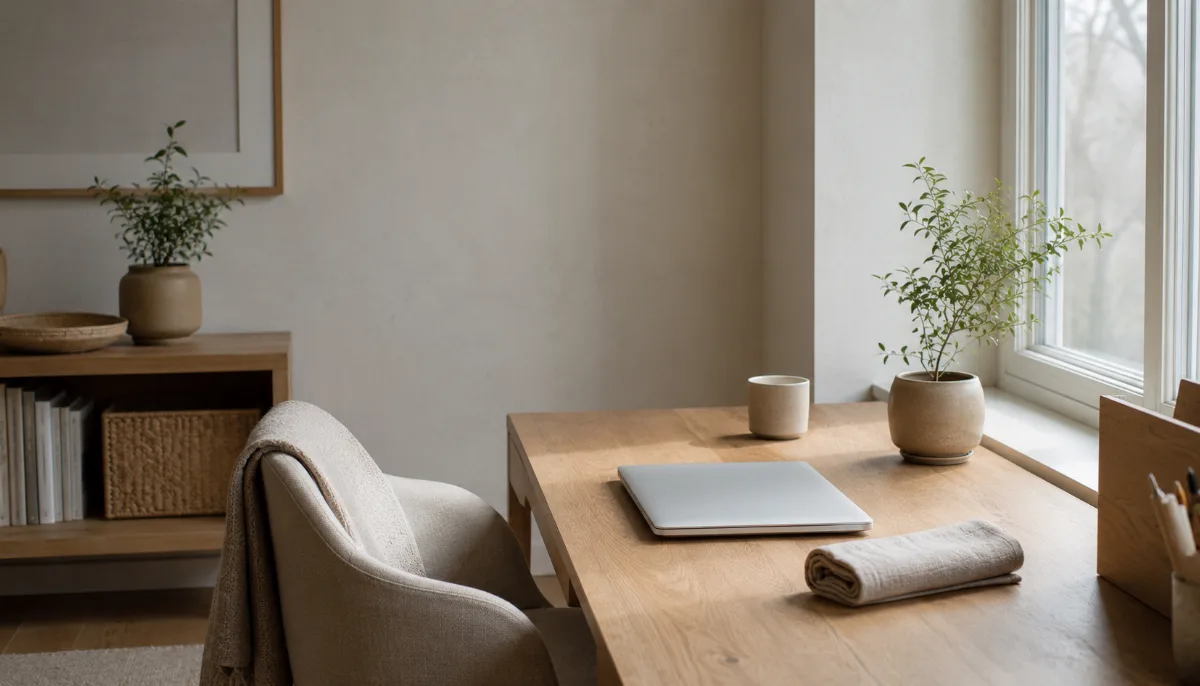 Tidy home-office corner with a laptop closed and a small plant