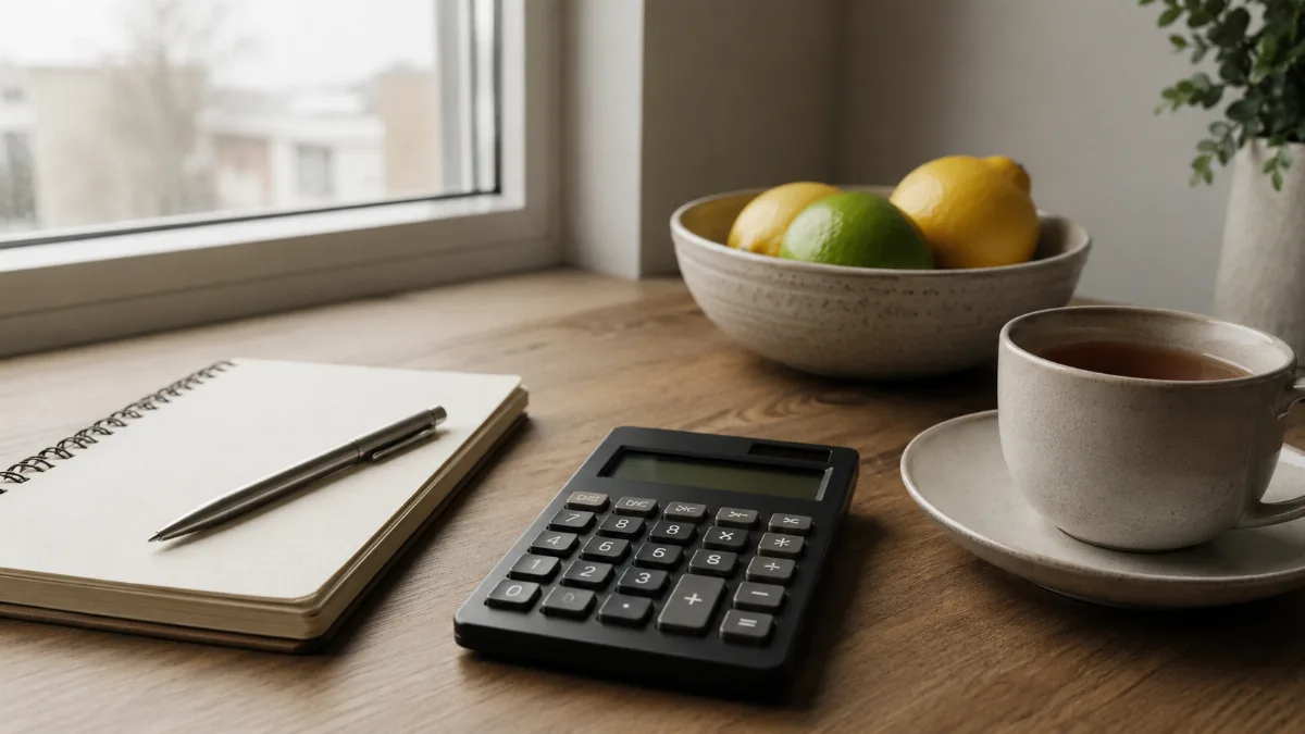 Tidy desk with a calculator, notebook and a cup of tea