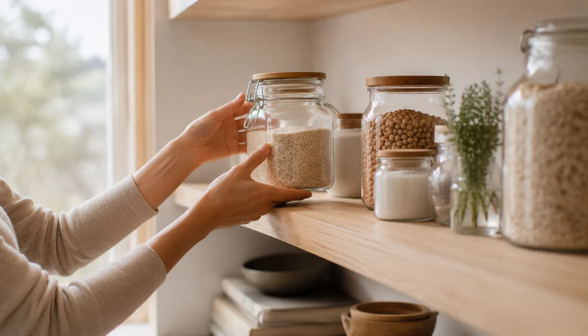 Glass jars of pantry staples on an open shelf