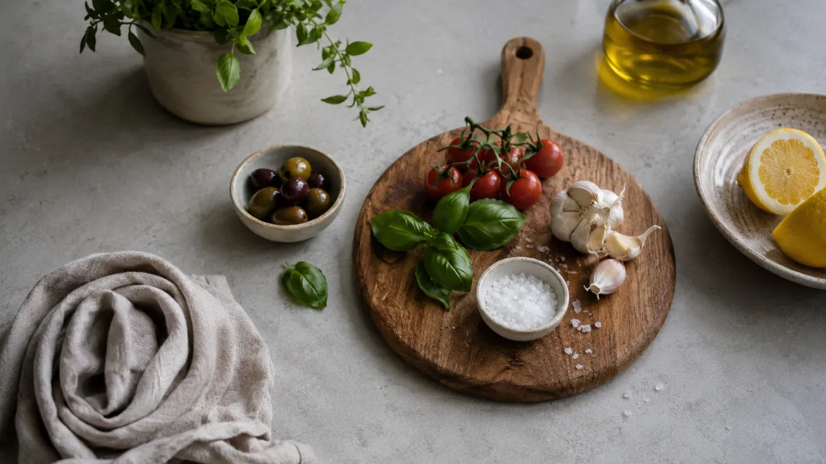 Simple kitchen counter with fresh ingredients and a wooden board