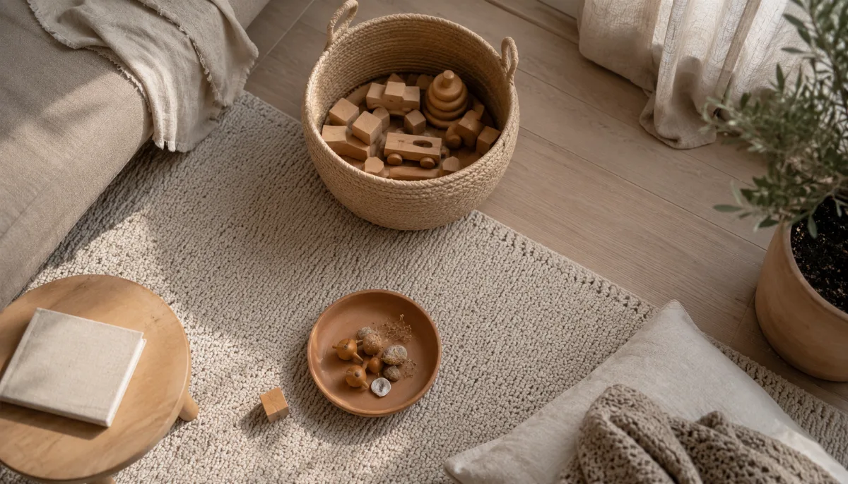 Tidy family room with a basket of wooden toys