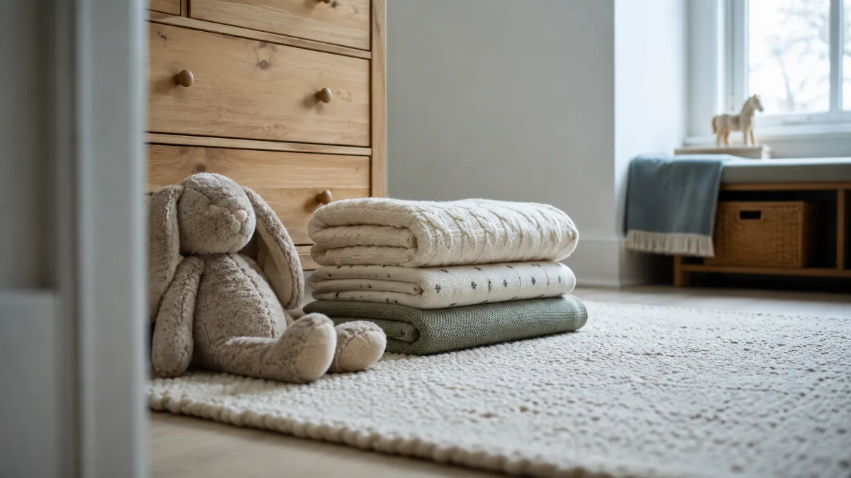 Simple child's room with folded blankets and a soft toy