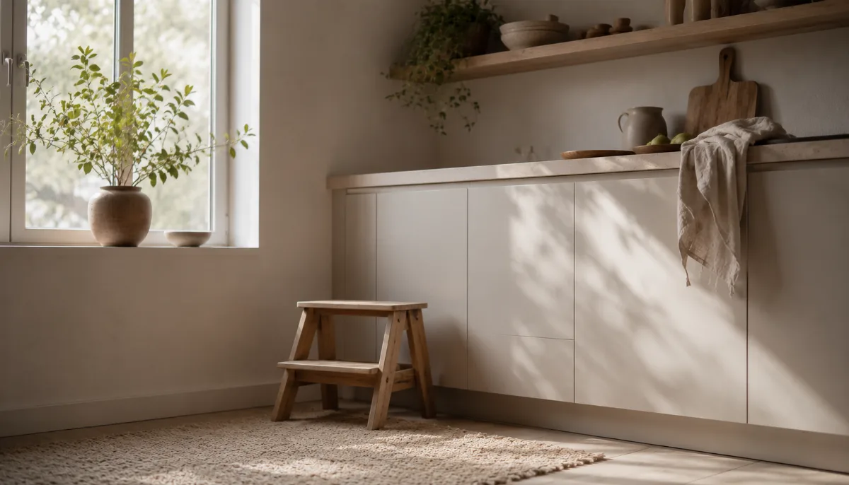 Calm family kitchen corner with a small step stool