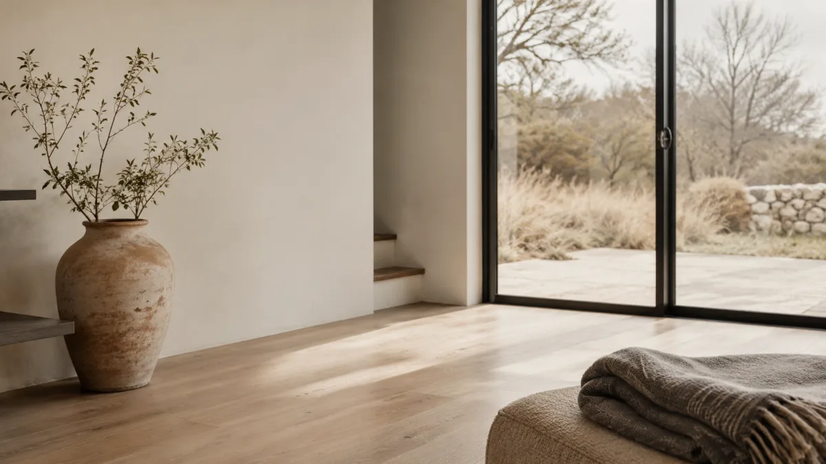 Calm minimalist interior with natural light and a few simple objects