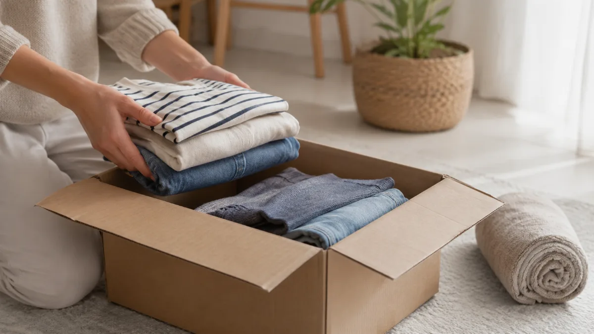 Donation box being filled with folded clothes on the floor