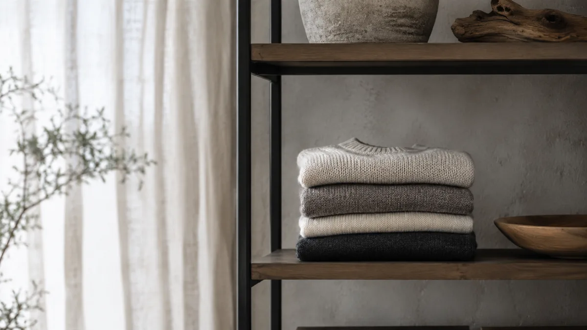 Folded sweaters stacked neatly on an open shelf