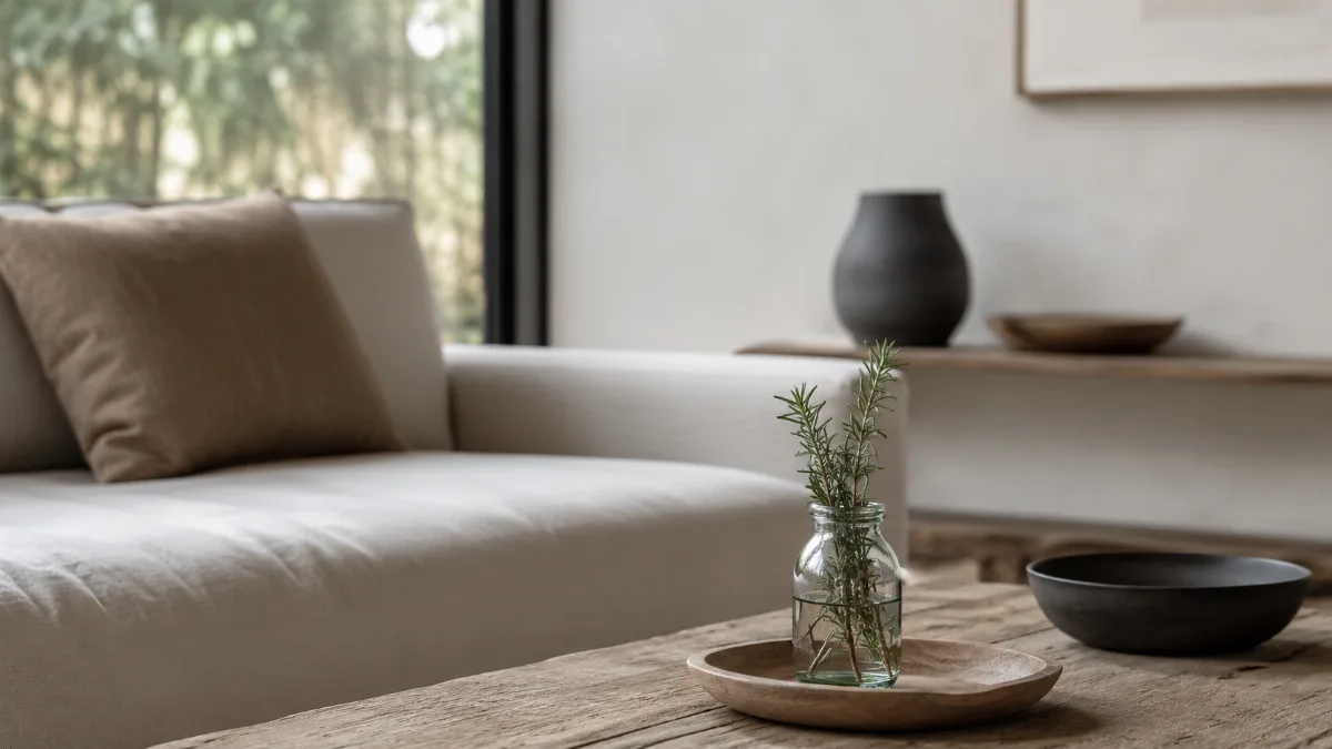 Calm, uncluttered living space with simple low furniture