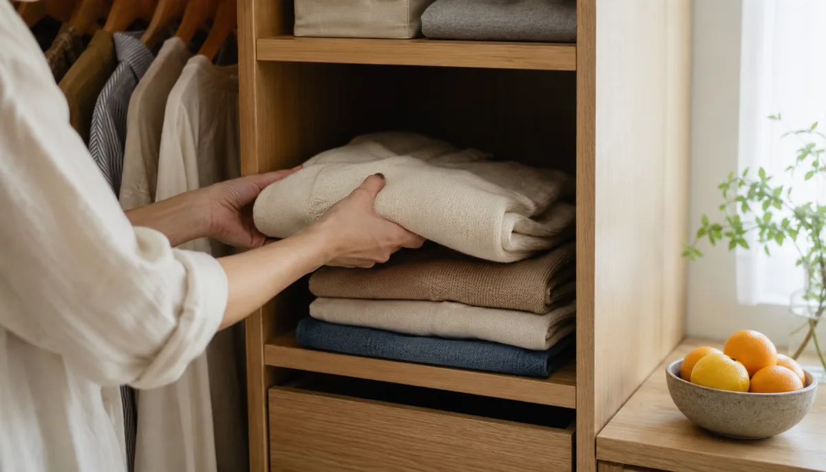 Organized open wardrobe with a small curated set of folded clothes