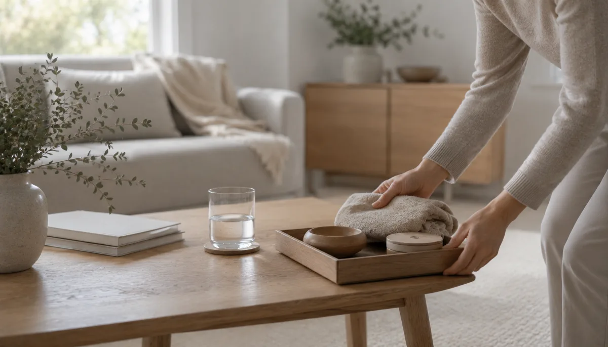 Calm, uncluttered living space with simple low furniture