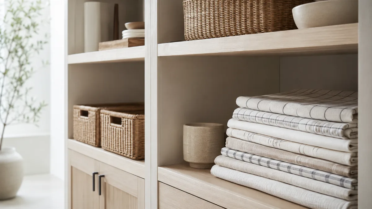 Neat floor-to-ceiling shelving with woven baskets and folded textiles