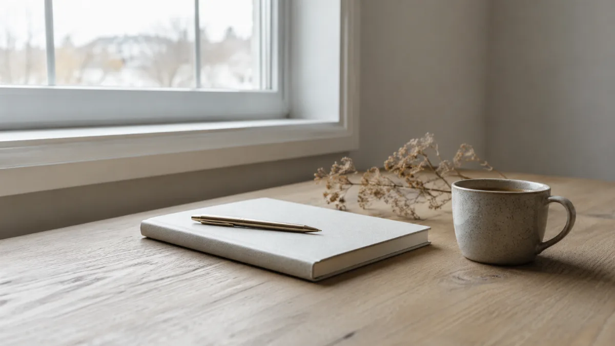 Clean wooden desk by a window with a notebook, pen and a cup of coffee