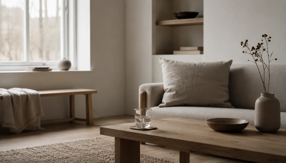Calm, uncluttered living space with simple low furniture