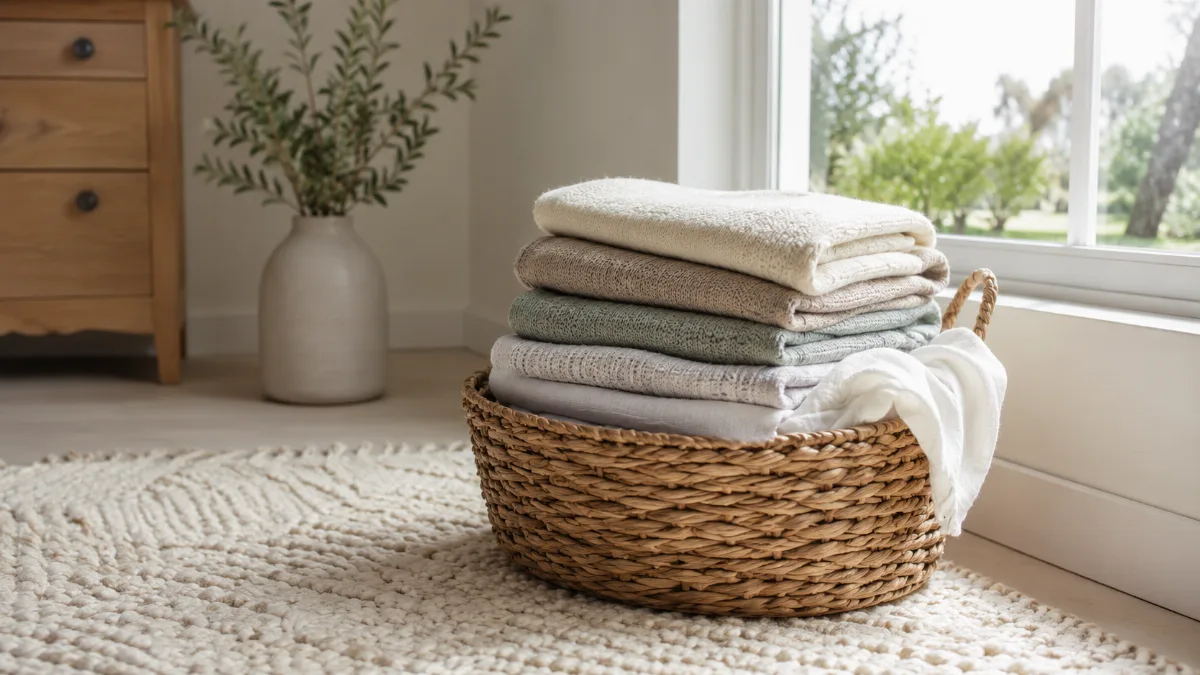 Folded laundry stacked in a woven basket by a window