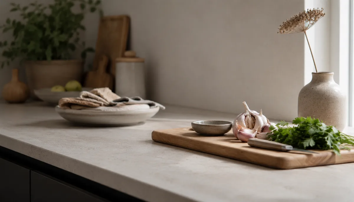Simple kitchen counter with fresh ingredients and a wooden board
