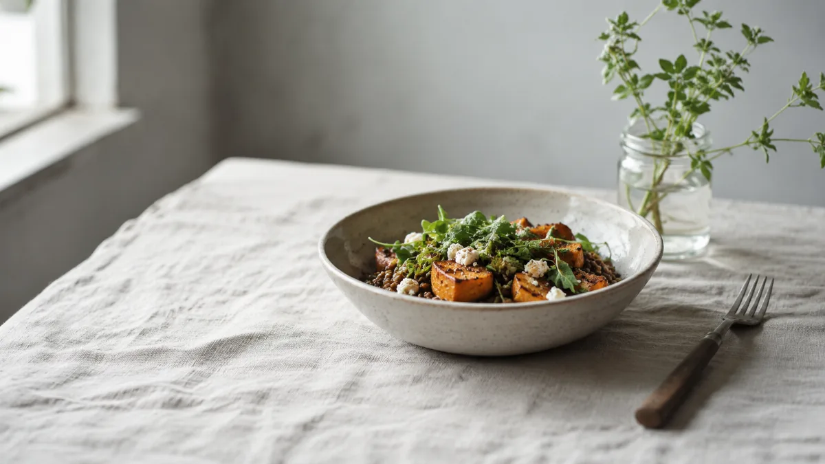 Minimalist table set with a single wholesome bowl