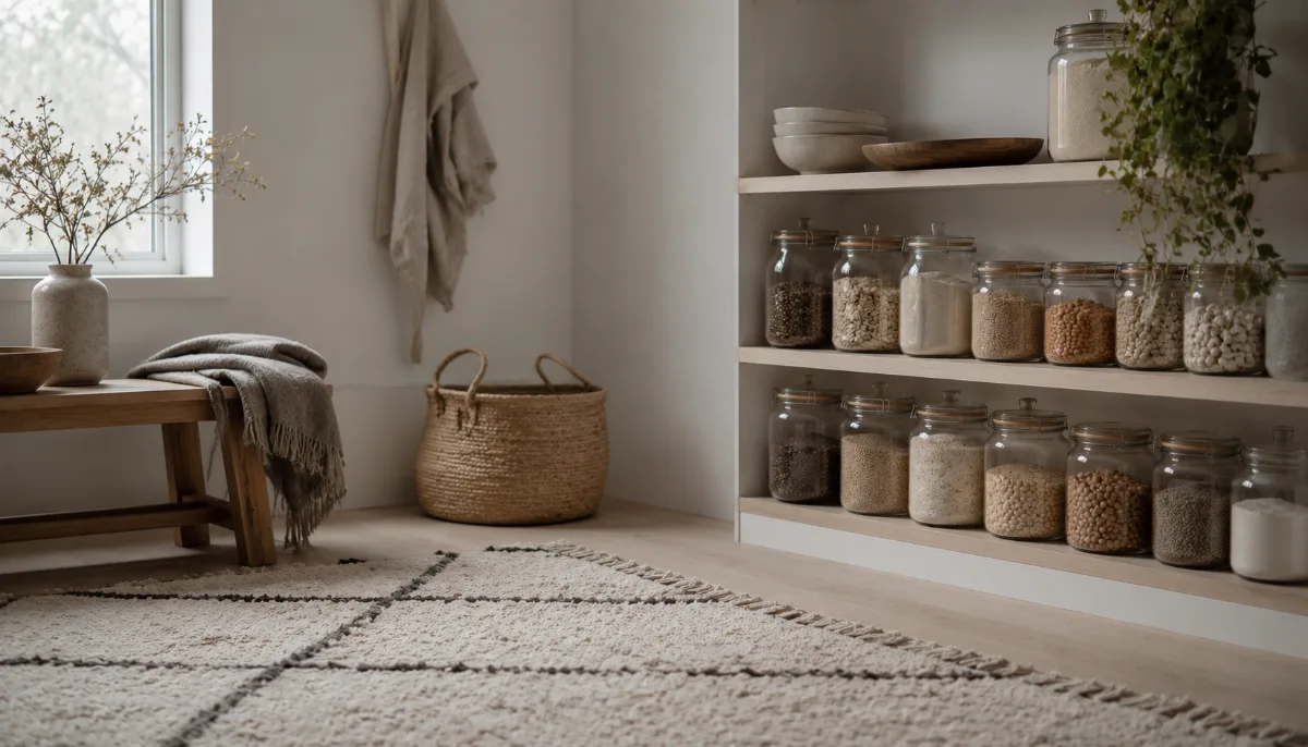 Glass jars of pantry staples on an open shelf