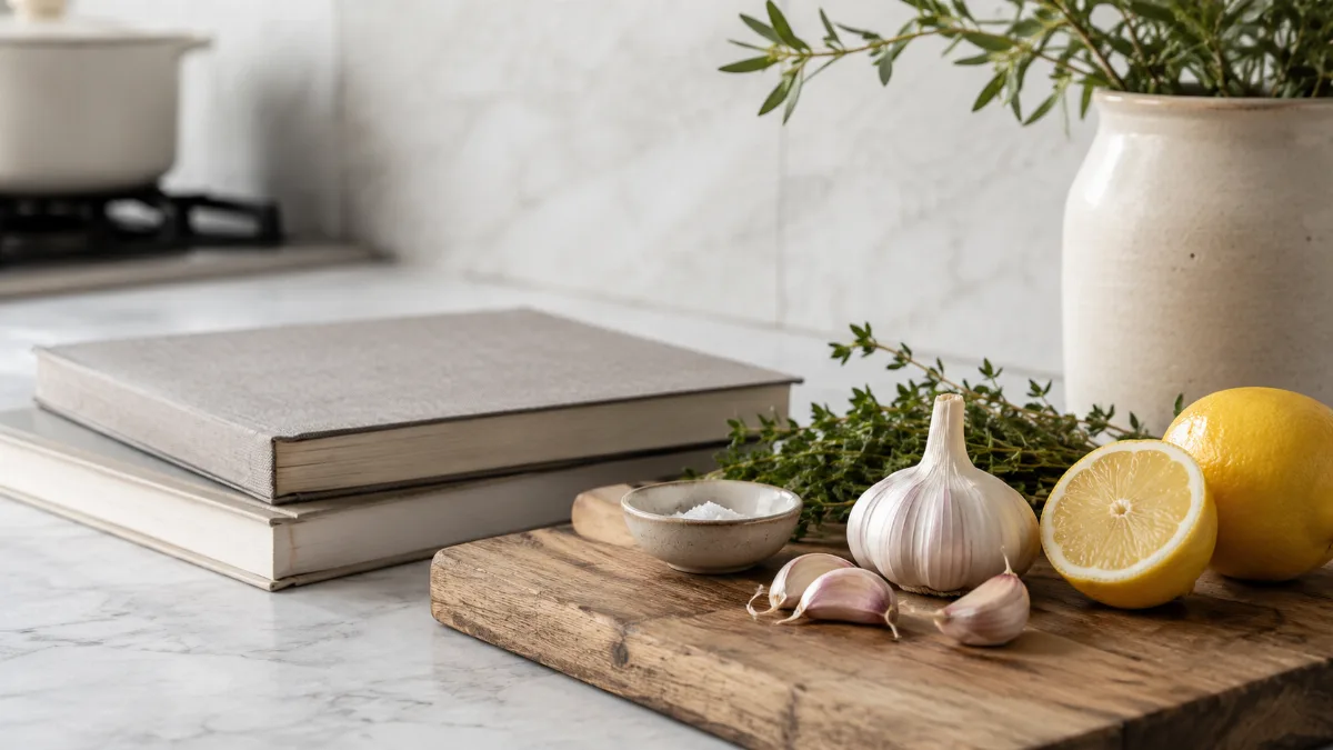 Calm kitchen counter with fresh simple ingredients on a wooden board