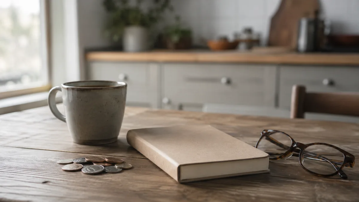 Kitchen table with a plain notebook, coins and a coffee cup