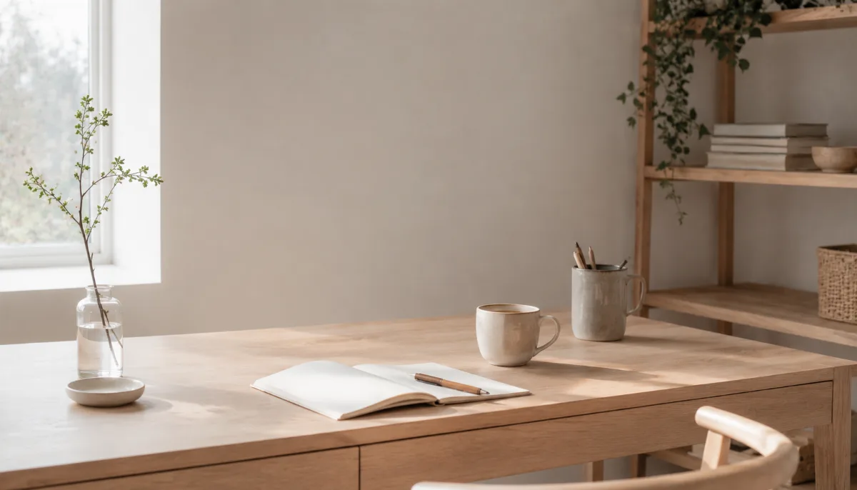 Tidy desk with a notebook and a cup of tea