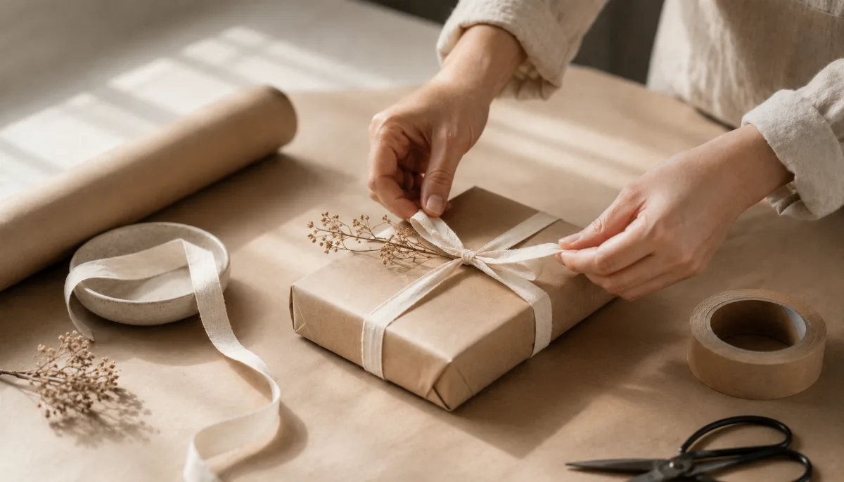 Minimal gift-wrapping setup with paper, scissors and twine