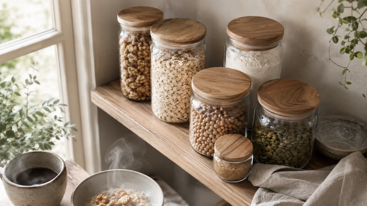 Glass jars of pantry staples on an open shelf