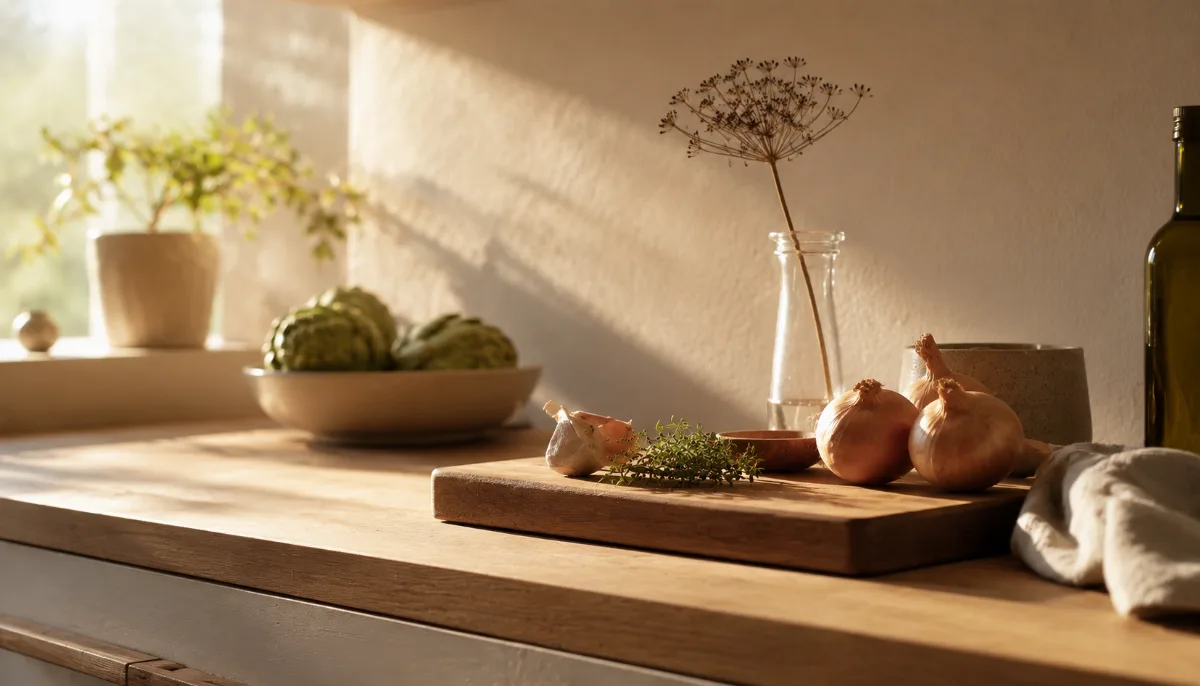 Simple kitchen counter with fresh ingredients and a wooden board