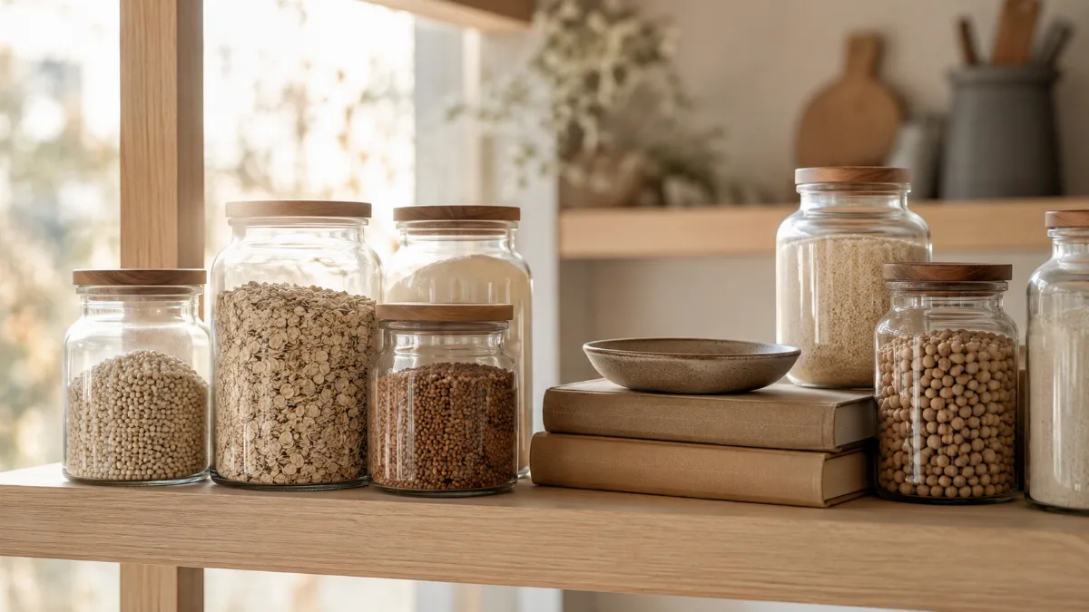 Minimalist pantry shelf with glass jars of staples