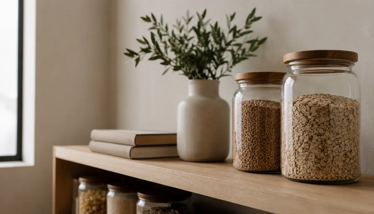 Minimalist pantry shelf with glass jars of staples