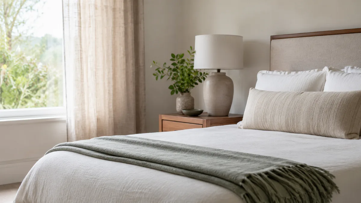 Serene bedroom corner with a soft throw folded at the foot of the bed