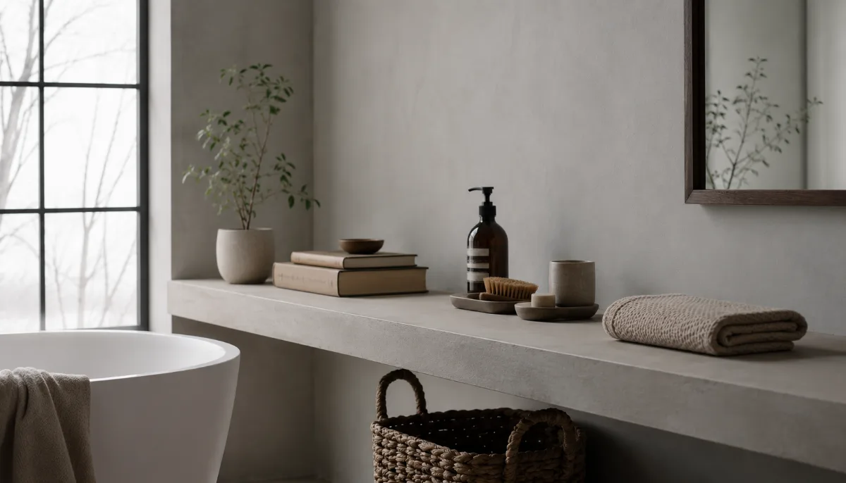 Minimalist bathroom shelf with a few essential items and a folded towel