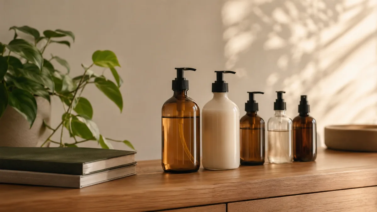 Refillable containers and a leafy plant on a wooden counter