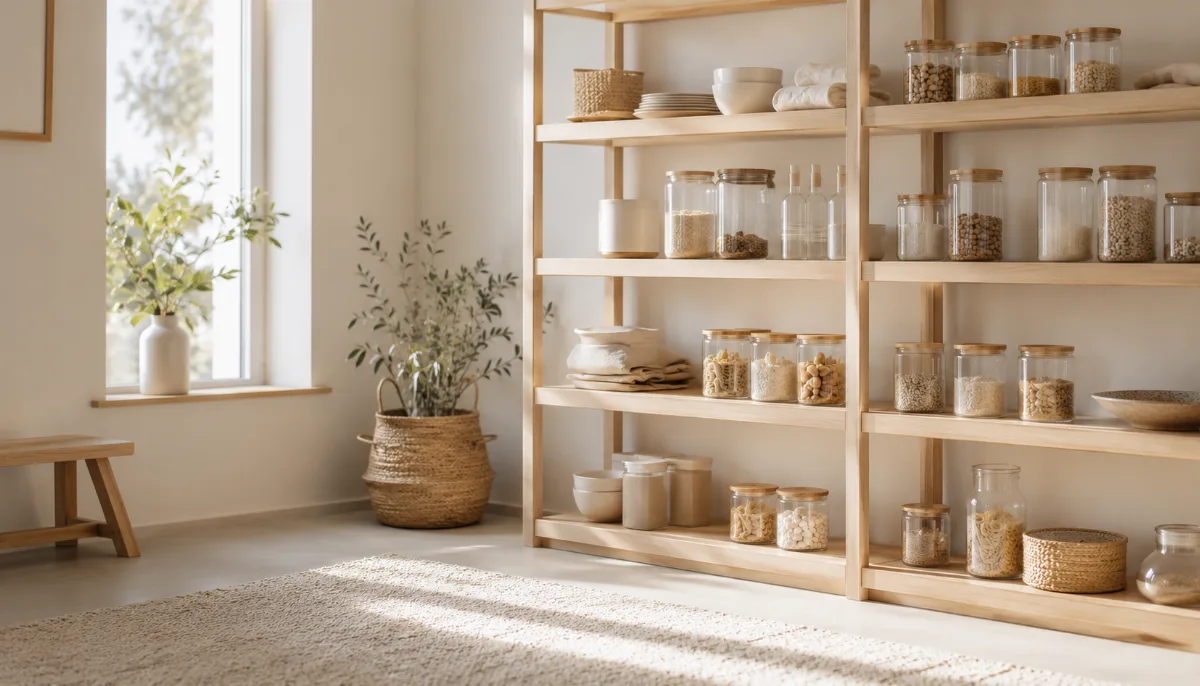 Minimalist pantry shelf with glass jars of staples