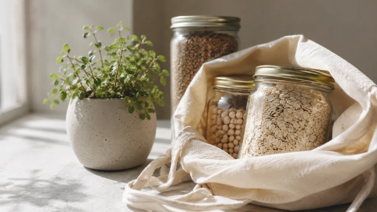 Reusable jars and a cloth bag with a small potted plant