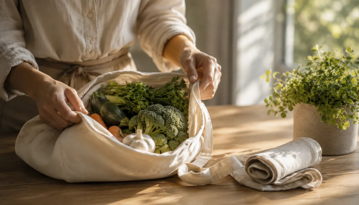 Cloth produce bag of vegetables in soft light