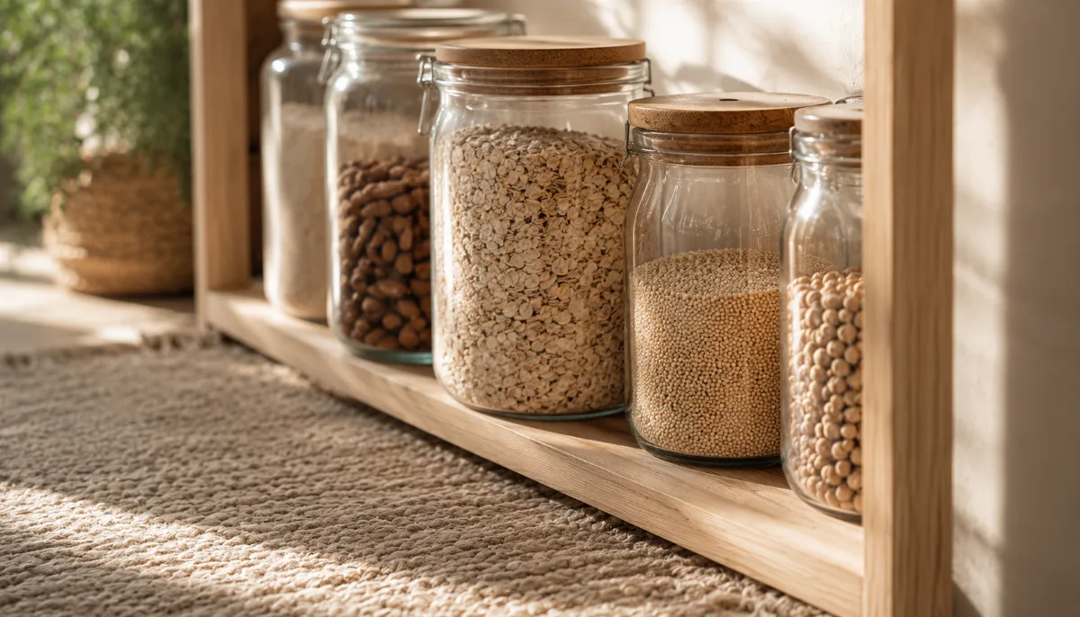 Minimalist pantry shelf with glass jars of staples
