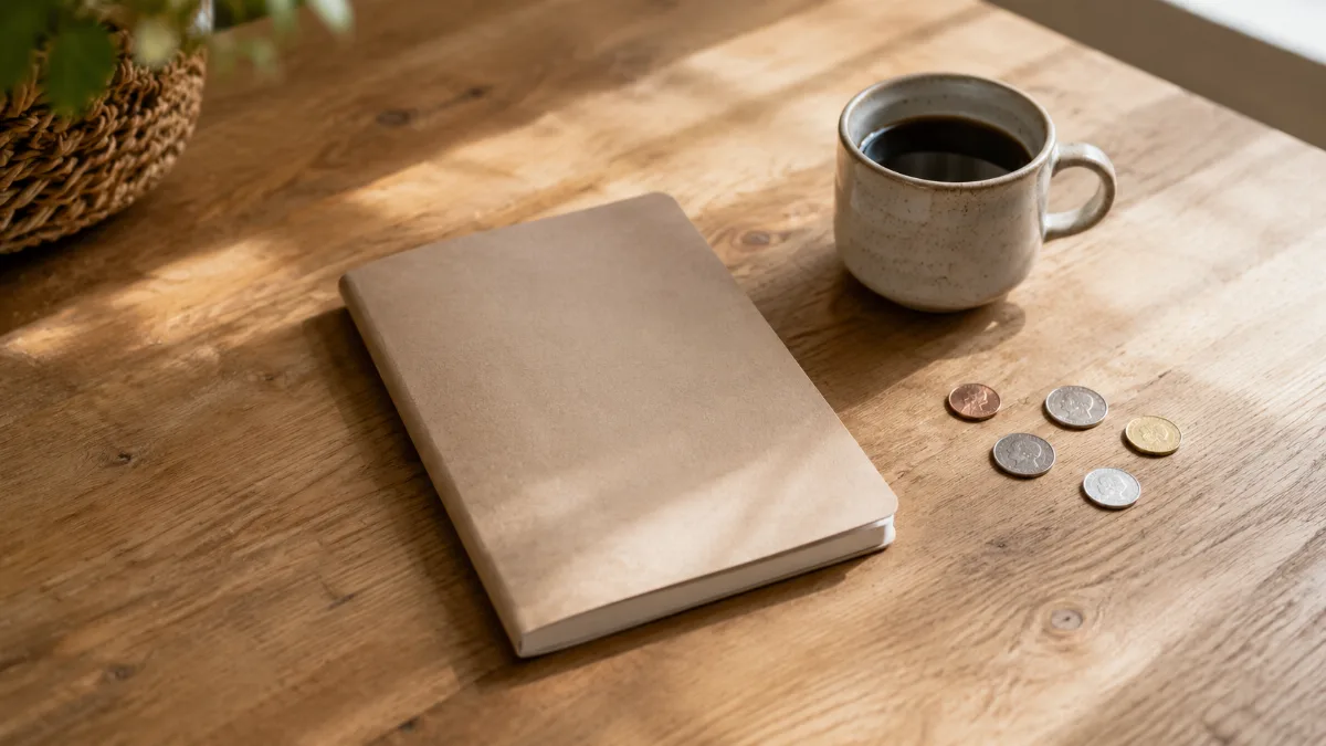 Kitchen table with a plain notebook, a few coins and a cup of coffee
