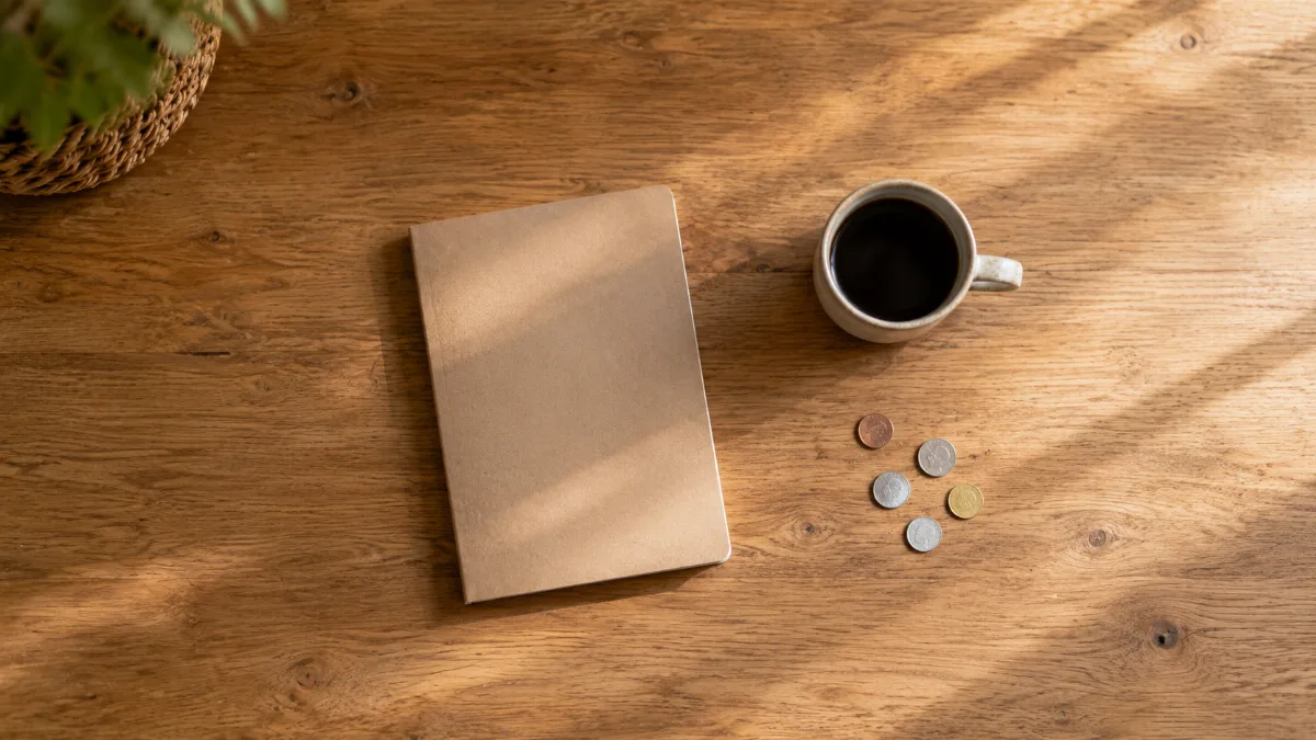 Glass jar holding folded notes and coins on a wooden surface