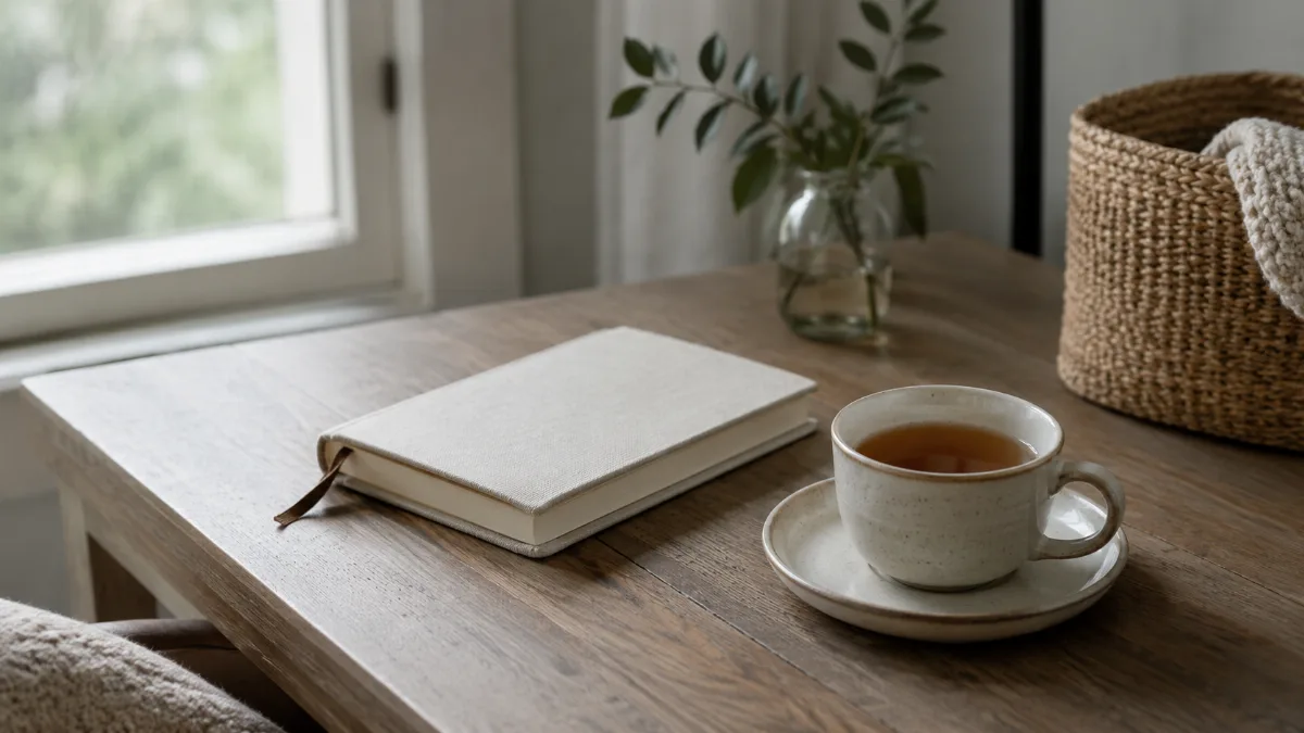 Tidy desk with a notebook and a cup of tea