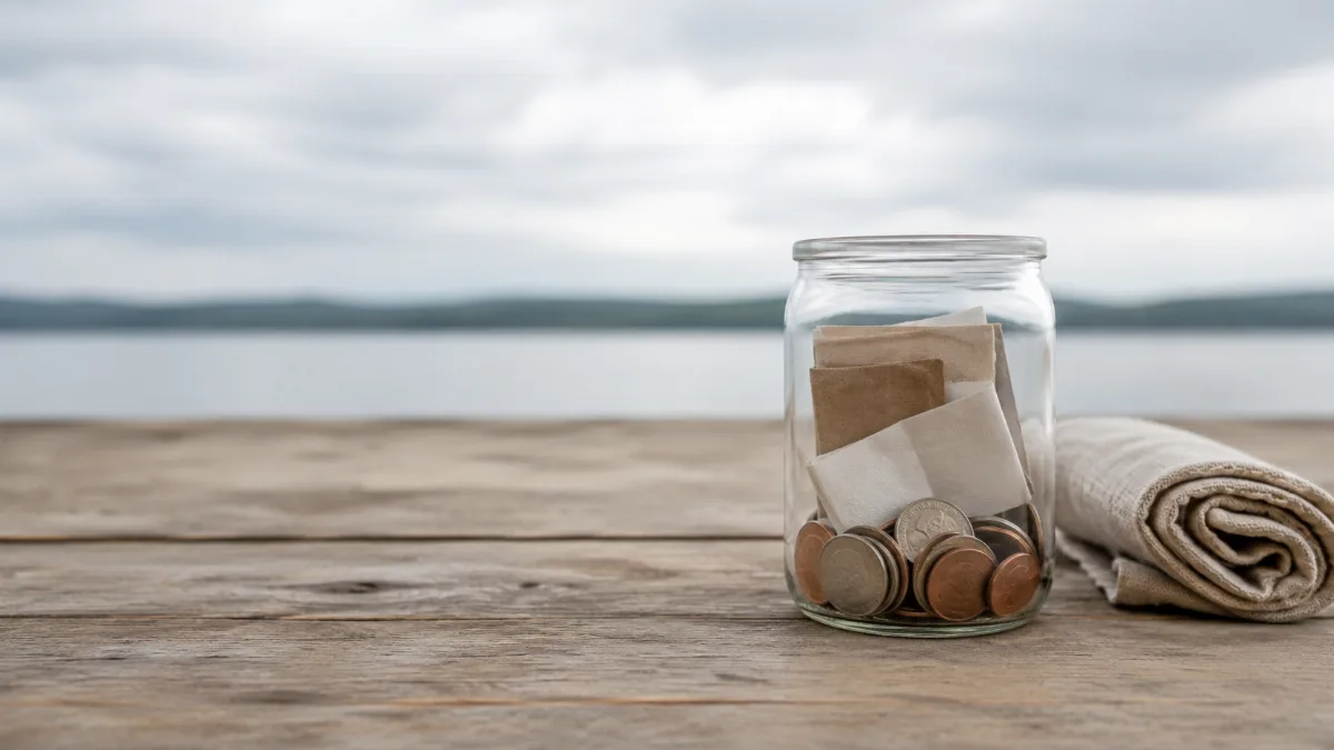 Glass jar holding folded notes and coins on a wooden surface