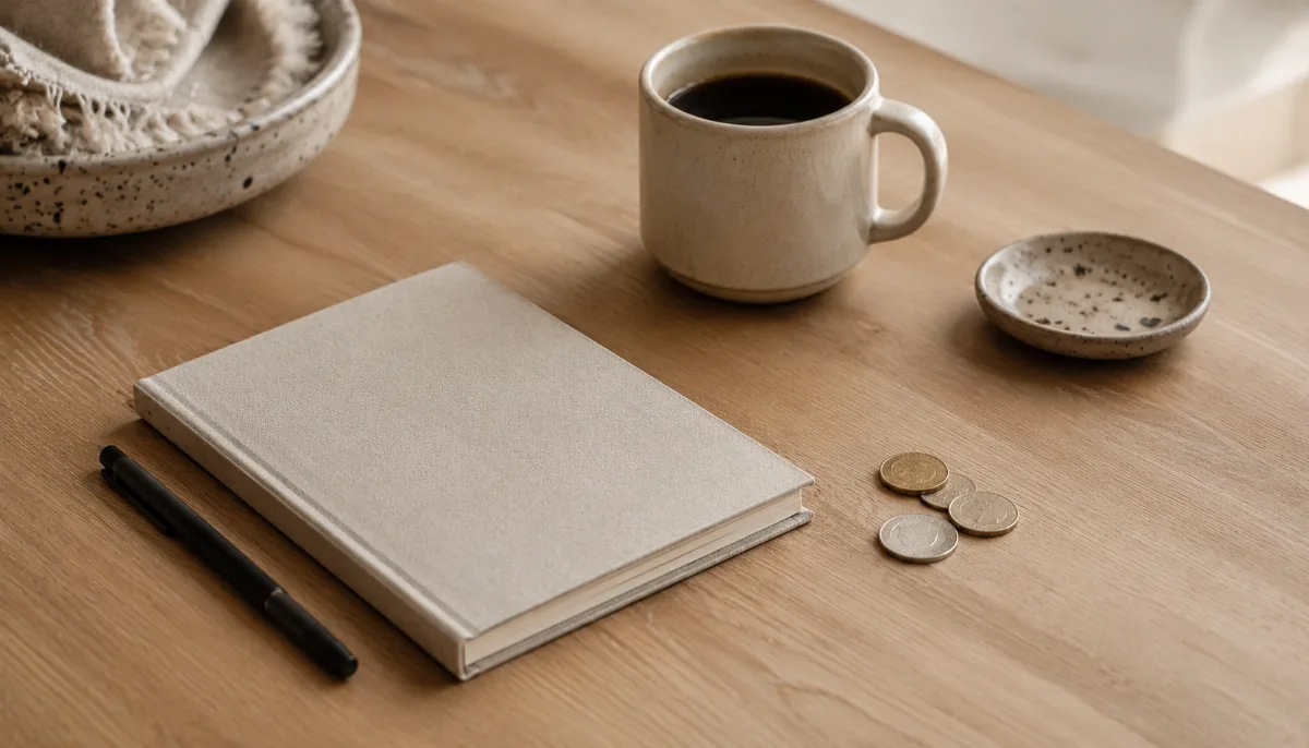 Kitchen table with a plain notebook, a few coins and a cup of coffee