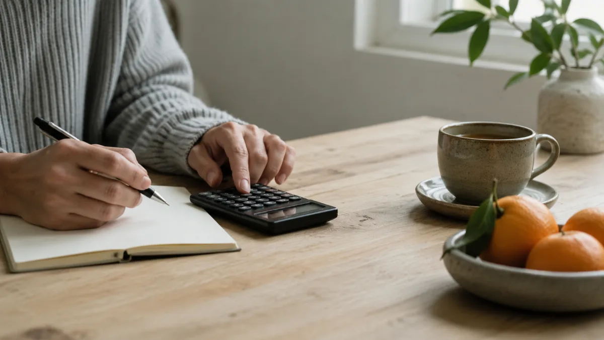 Tidy desk with a calculator, notebook and a cup of tea