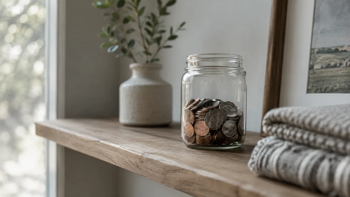 Glass jar of saved coins on a wooden shelf