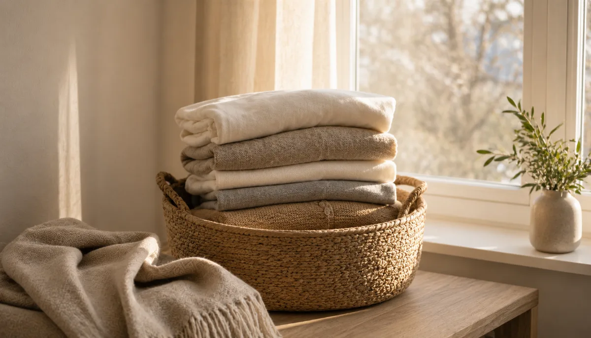 Folded laundry stacked in a woven basket by a window