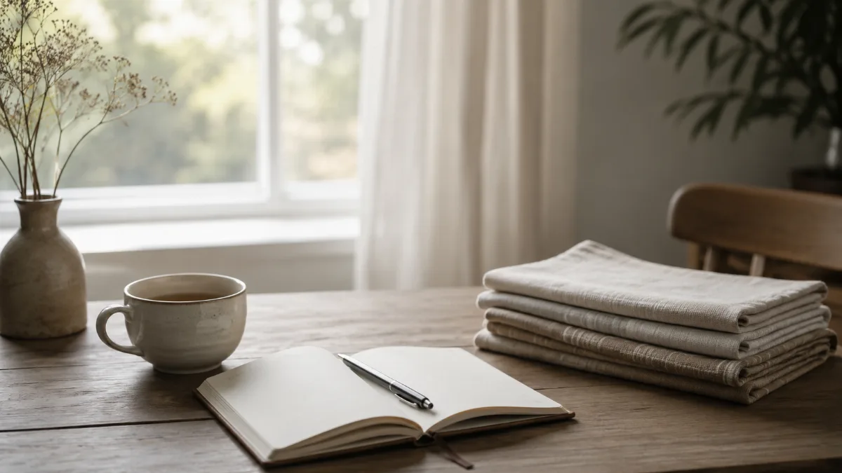 Tidy desk with a notebook and a cup of tea