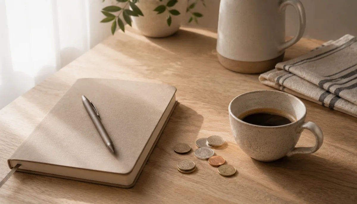 Kitchen table with a plain notebook, coins and a coffee cup