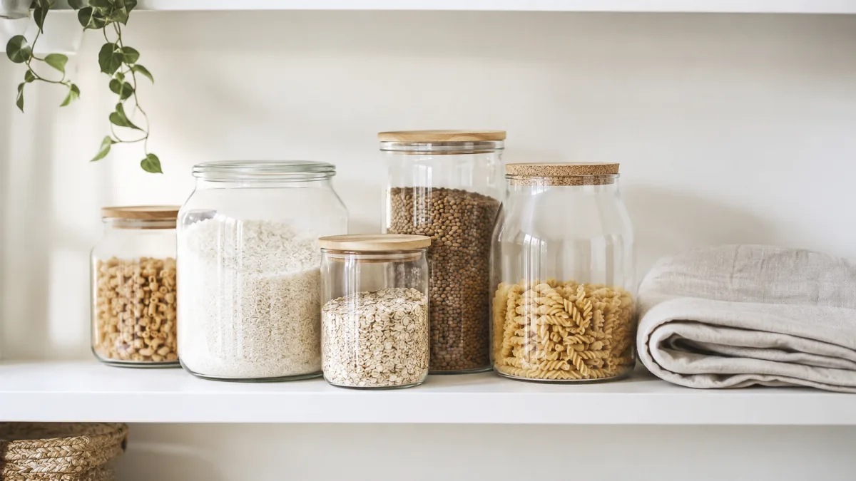 Minimalist pantry shelf with glass jars of staples