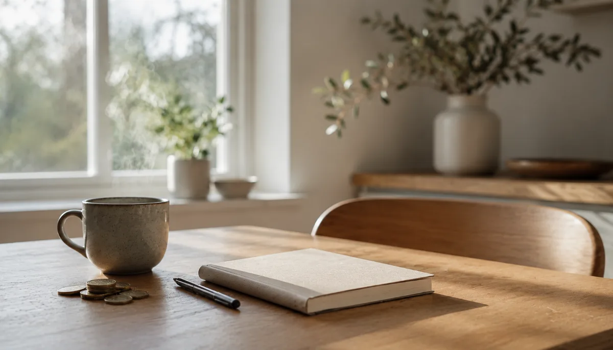 Kitchen table with a plain notebook, coins and a coffee cup