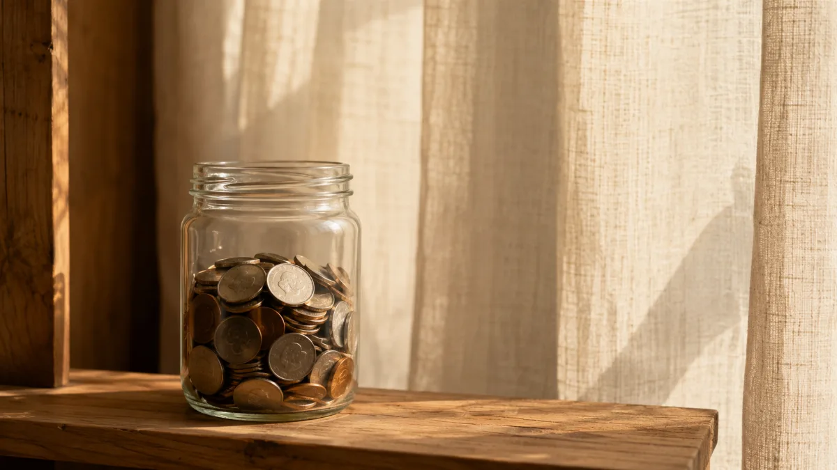 Glass jar of saved coins on a wooden shelf