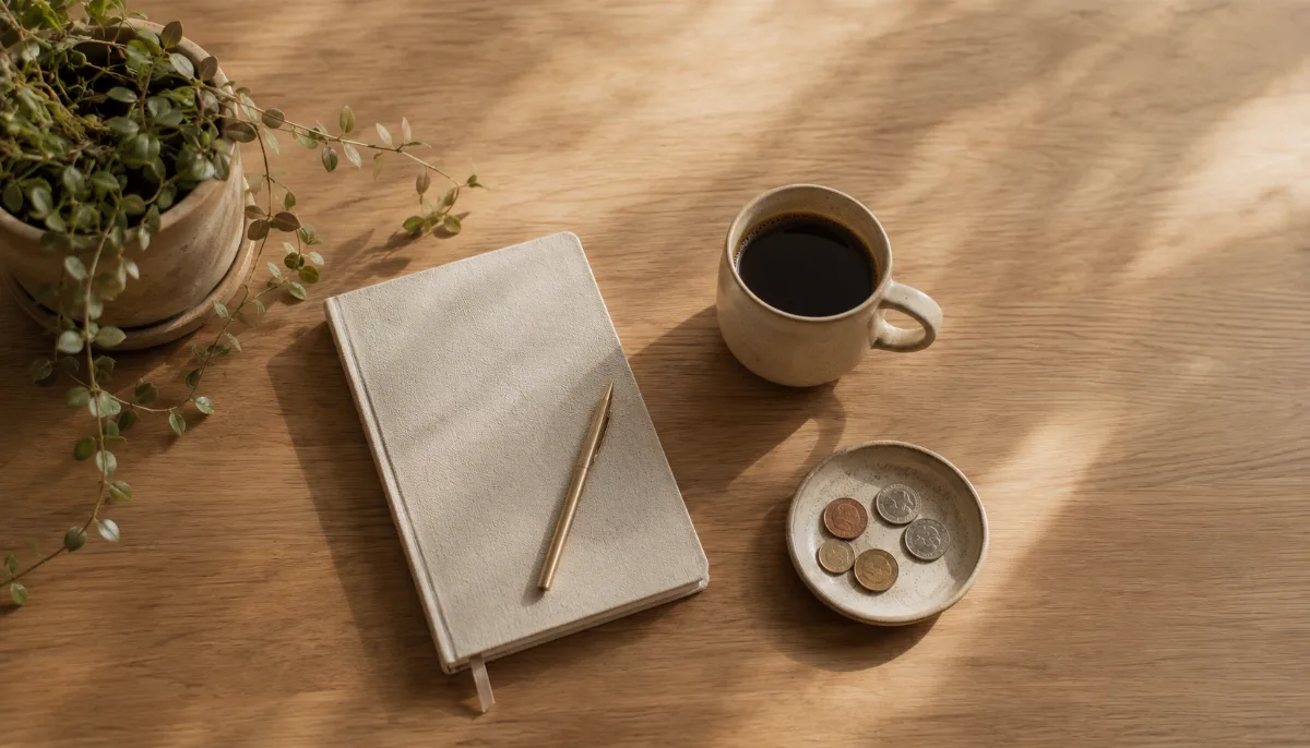 Kitchen table with a plain notebook, coins and a coffee cup