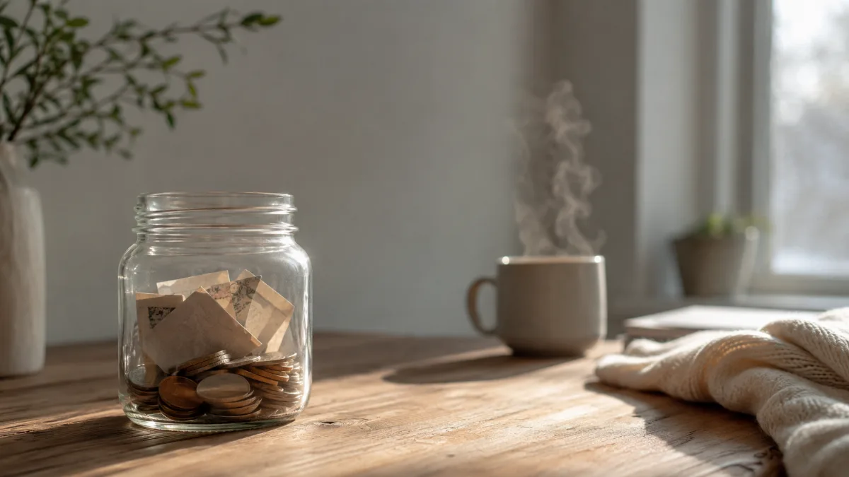 Glass jar holding folded notes and coins on a wooden surface